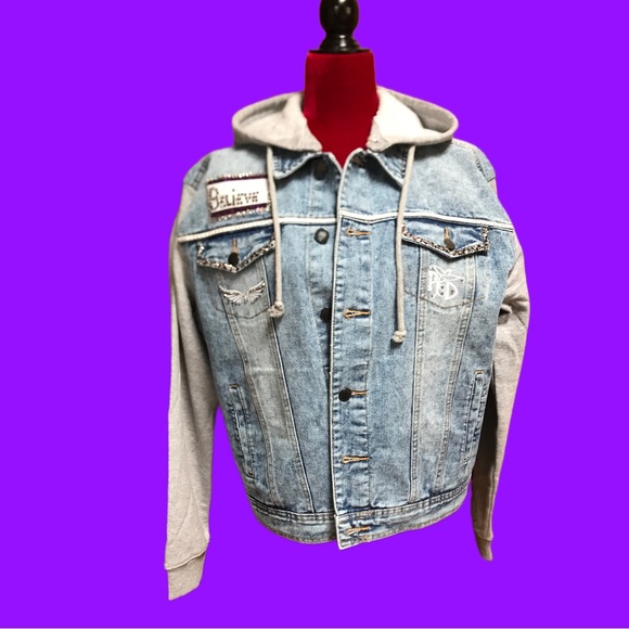 Pegasus Embellished Jean Jacket Hooded Sweatshirt - Picture 2 of 7